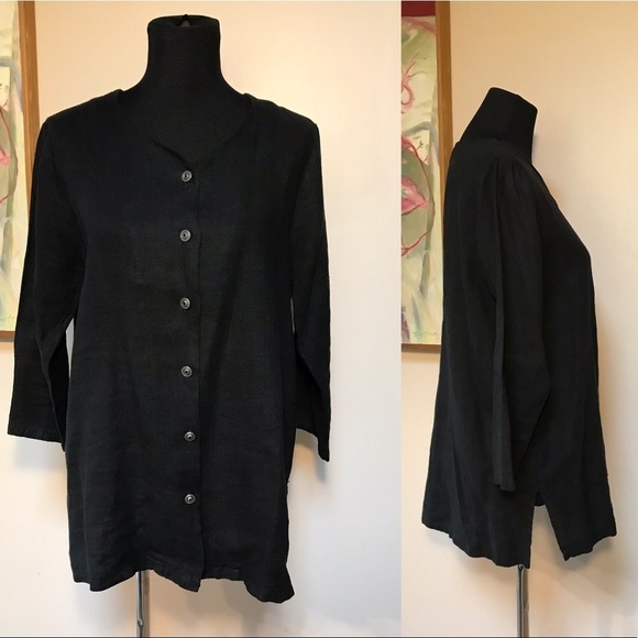 Vintage Linen Shirt Lagenlook Black Linen Small - Picture 1 of 8